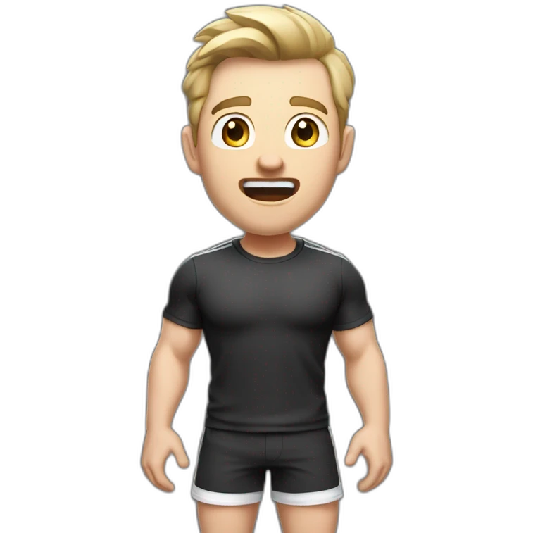 amazed Open with surprise mouth Pale skinned Fit Man With the biceps and dark brown hair in black shirt, gray sports shorts and white Sneakers emoji