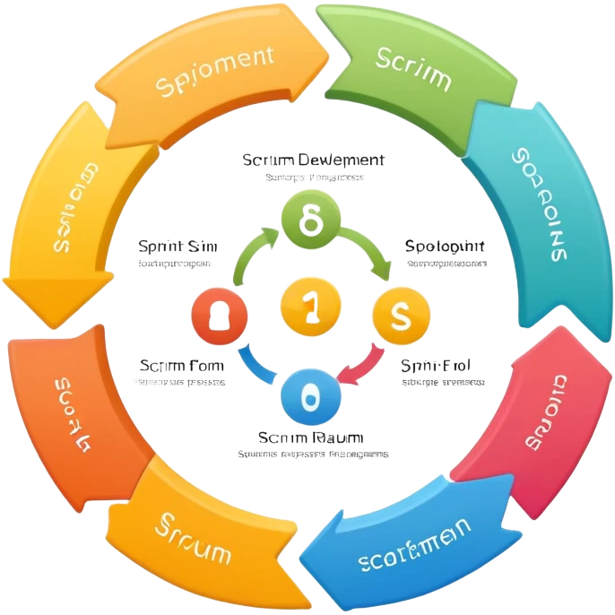 Software development scrum process cycle with sprint planning, daily standups, sprint review and retrospective in a circular flow emoji