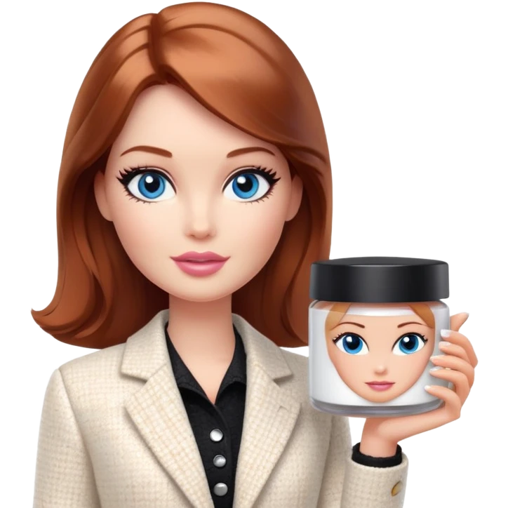 A Barbie girl with blue eyes, shoulder-length reddish-brown hair with makeup, wearing a white tweed jacket and a black skirt, holds pale beige body moisturizer cream pot emoji