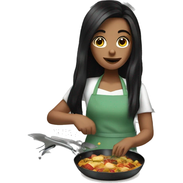 Pale girl with long black hair cooking dinner  emoji
