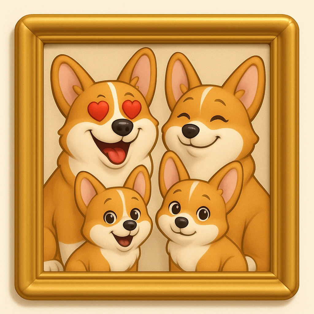 Make the lines and style of the corgi family photo match the 3D emoji look and line quality of the reference image, with smooth, soft shading and a playful, expressive feel. Keep the family photo in a decorative frame. The style should resemble the 3D emoji style with smooth and soft shading, playful and expressive. emoji