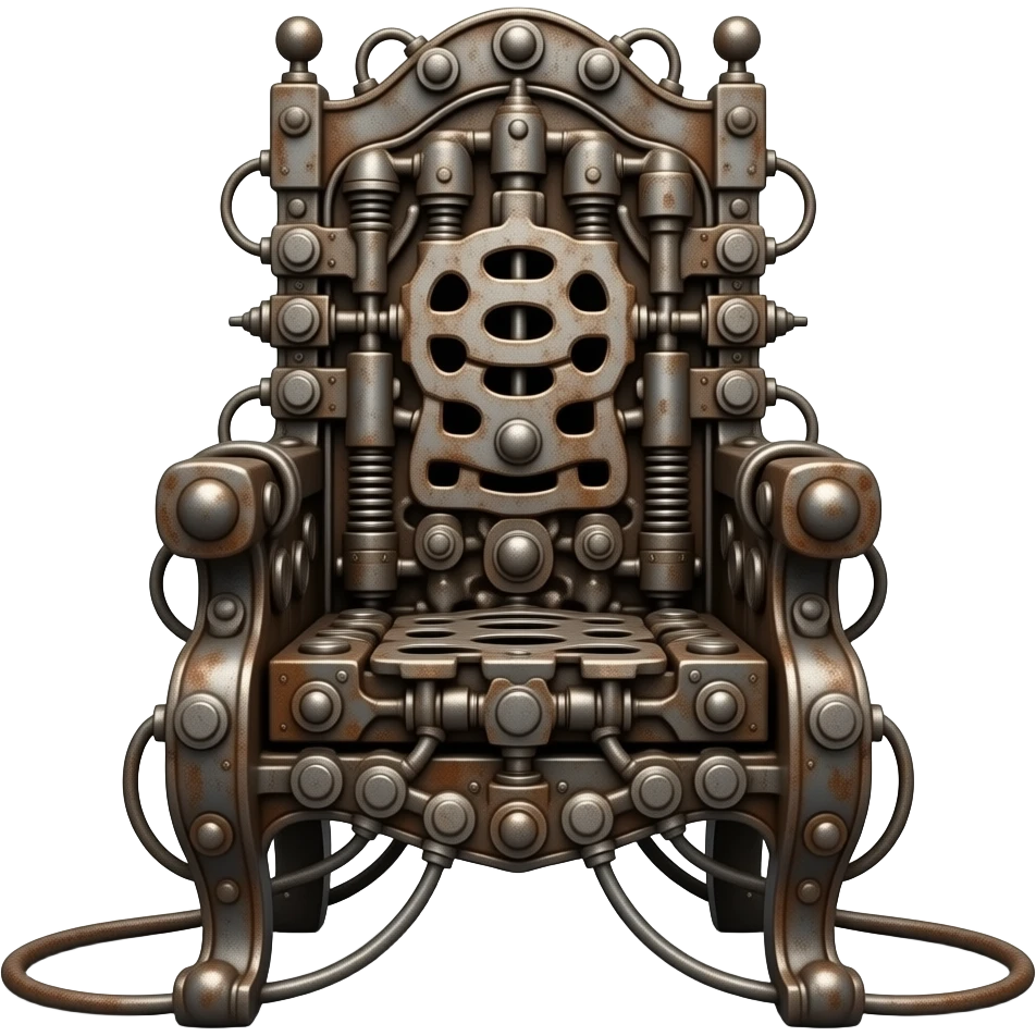 an elegant electric chair frontally composed of many rusty metal parts of old Victorian guillotines emoji