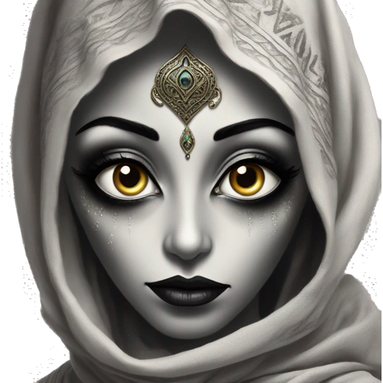 Alien in Aladdin style, oil paint, black eyes, intricate lips, intricate portrait, beautiful, desirable, logical, Arabic emoji