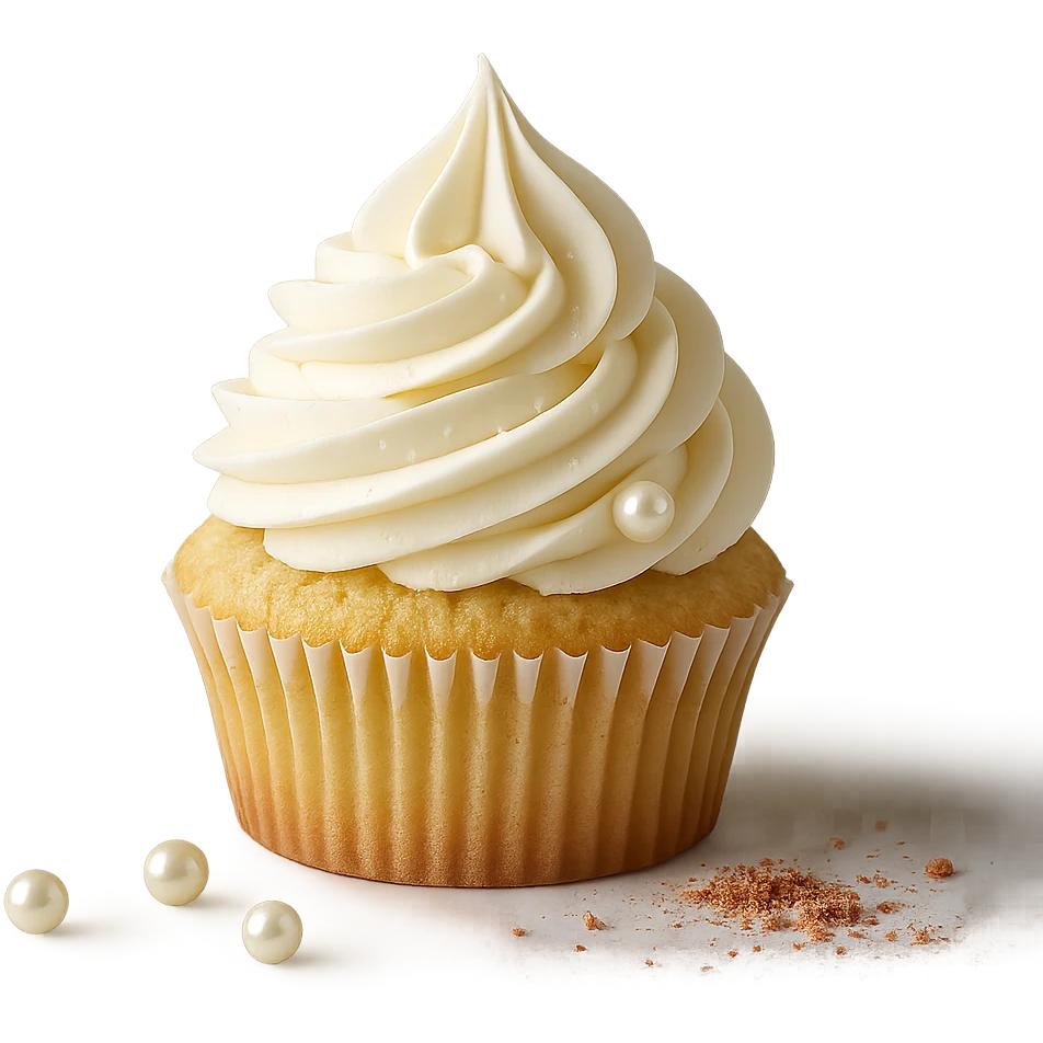 Change the icing to vanilla while keeping the realistic cupcake and accessories in a photorealistic style. Maintain transparent background. The style is photorealistic and realistic cupcake appearance. emoji