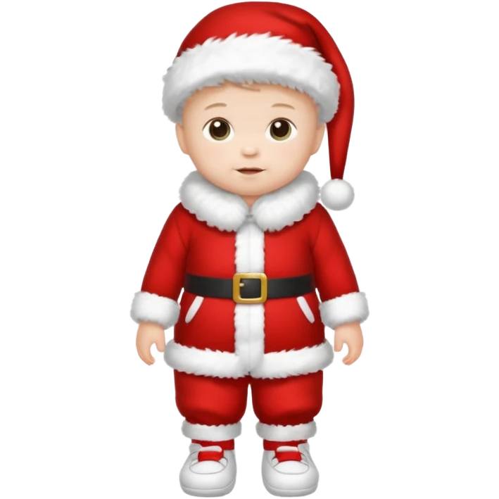 a standing baby wearing santa clothes and cute fluffy shoes emoji