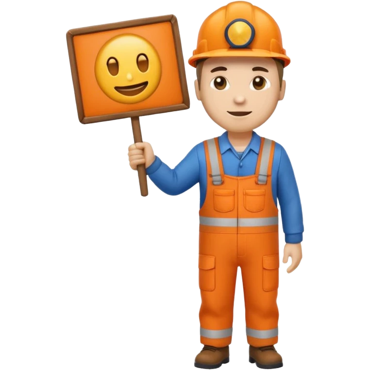 emoji style railway engineer full body in orange overalls, holding a sign in front of him emoji