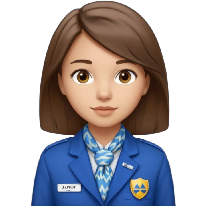Young girl, straight hair, wearing uniform jacket with hotel name badge, tasteful scarf, stand behind the desk

 emoji