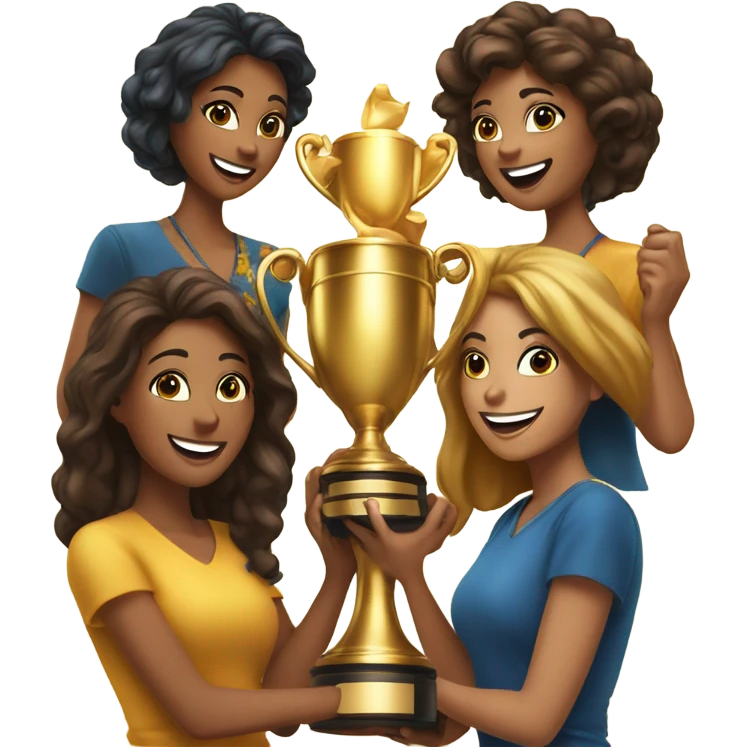 Six beautiful women celebrating with huge golden trophy emoji