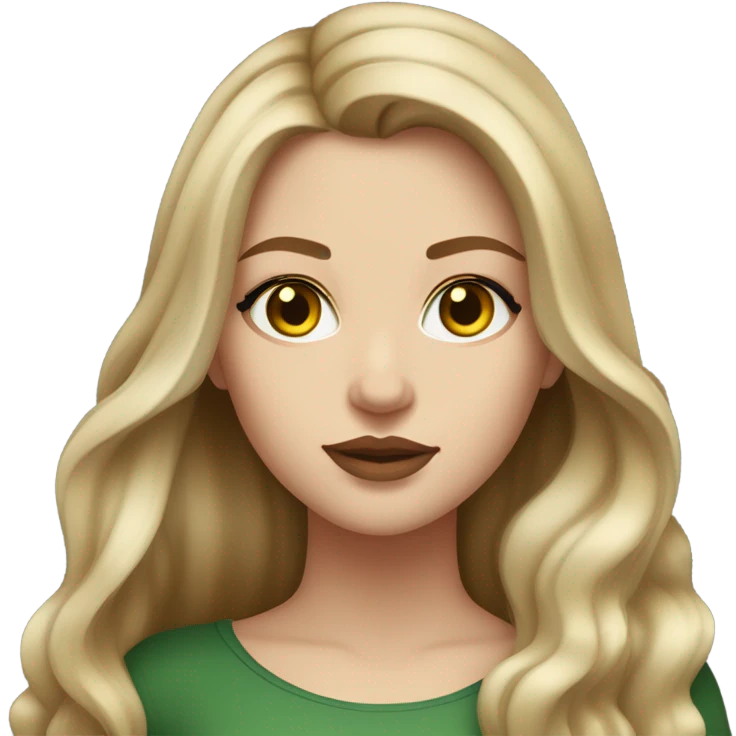 White girl with long dark-blonde hair with blonde highlights balayage, with plump lips of natural color, yellow-green eyes emoji