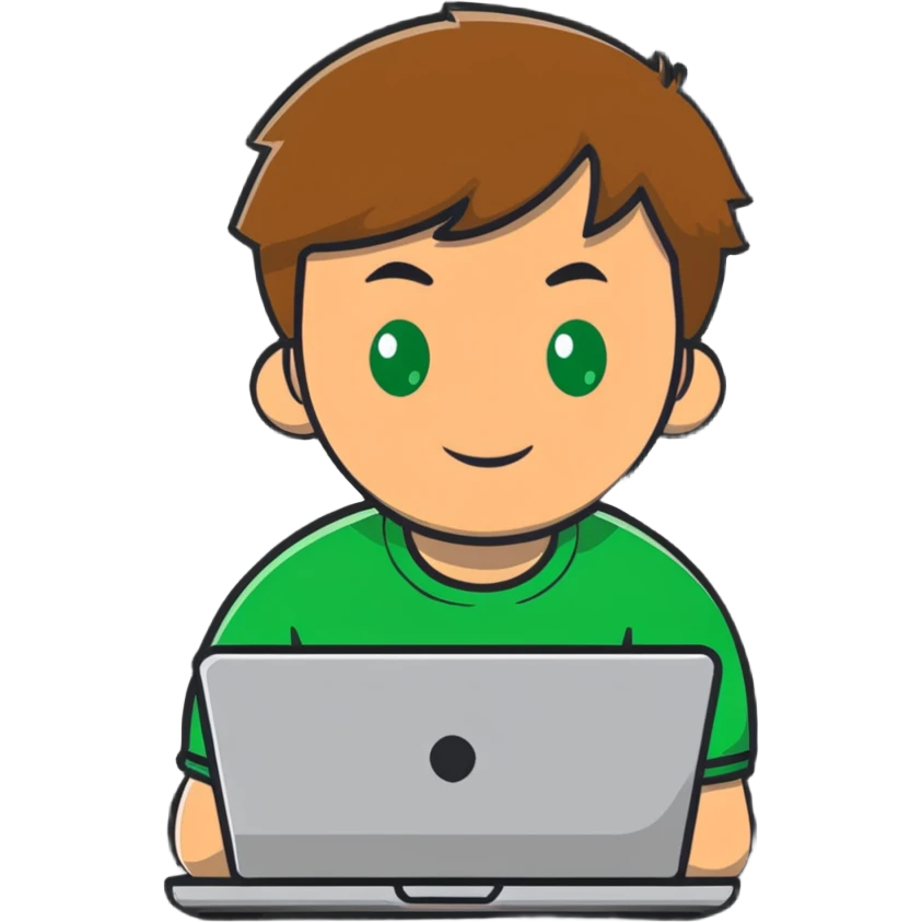 man with light brown hair and green eyes sitting in front of a laptop emoji