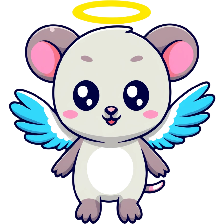 possum with angel wings, sparkles, glowing halo, vibrant neon colors, cute big eyes emoji