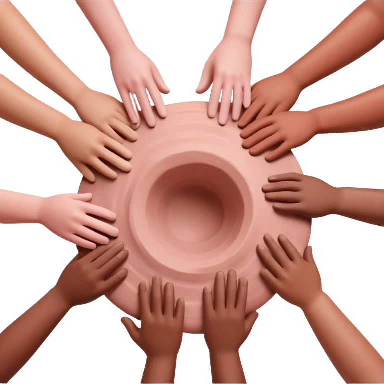 multiple hands working together to form and shape a large pink clay sculpture, collaborative pottery making emoji