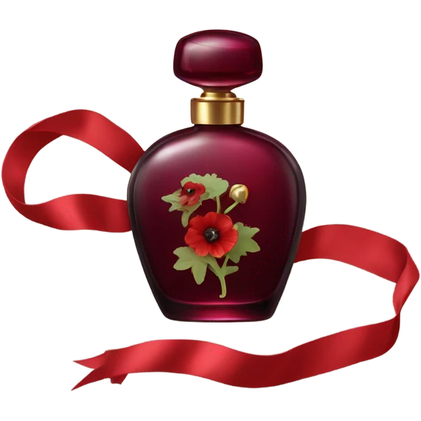 Dark red romantic perfume bottle with red anemones and a silk red ribbon emoji