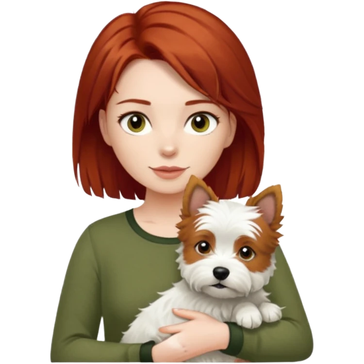 Westhighland white terrier dog being held by woman with dark shoulder length red hair and hazel eye wearing olive green top emoji