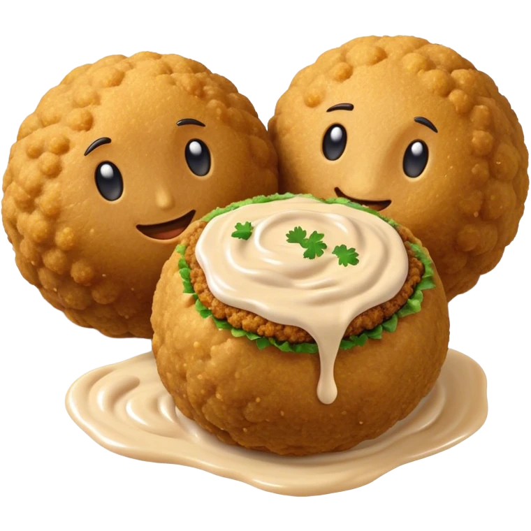 Cinematic Realistic Falafel Dish Emoji, depicted as crispy, golden falafel balls served with tahini sauce rendered with lifelike textures and vibrant, appetizing lighting. emoji