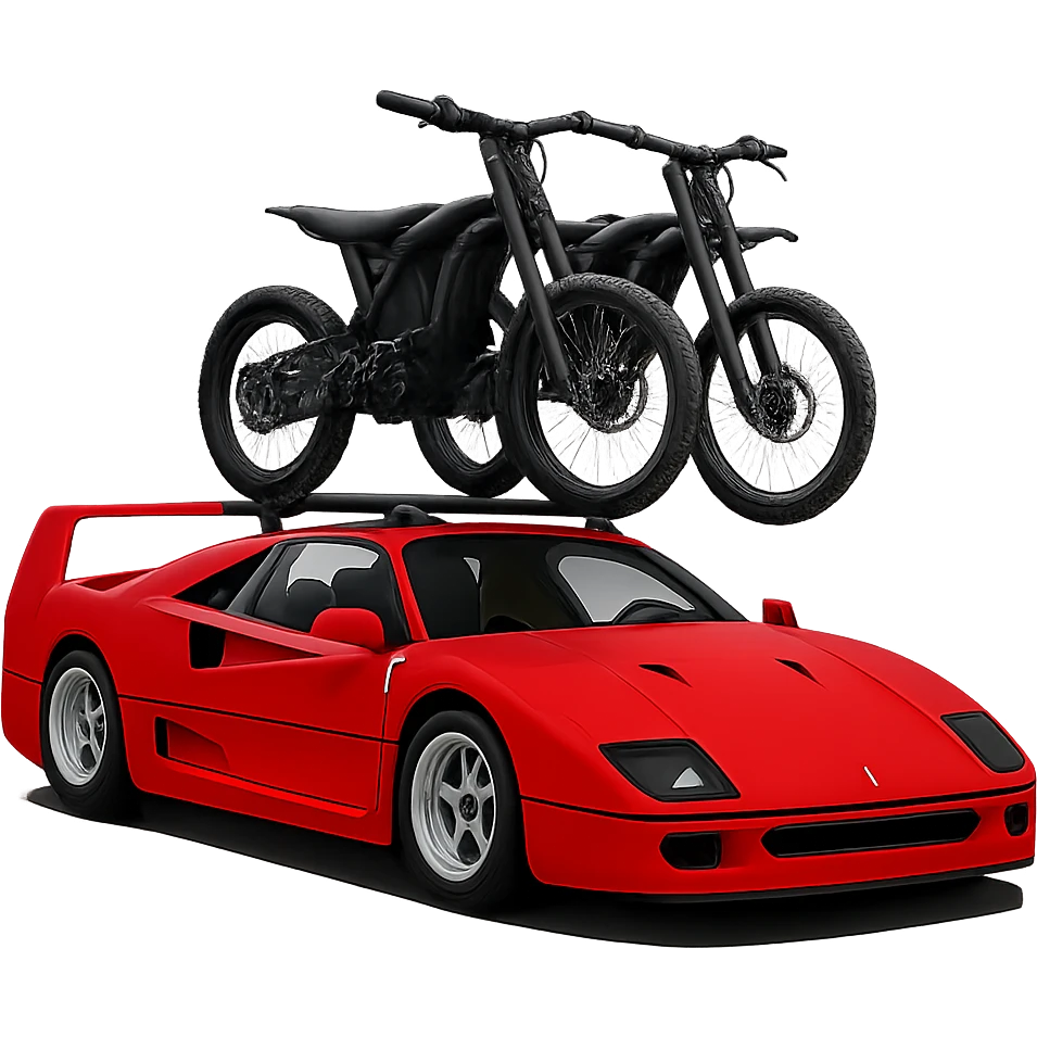 Make the two Sur-Ron electric bikes on the roof rack much smaller in proportion to the Ferrari F40. Keep the background transparent. emoji