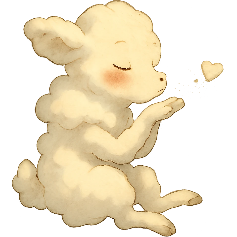 vanilla cloud doe with rosy cheeks, floating in the air, blowing a sparkling kiss, soft ghibli style emoji