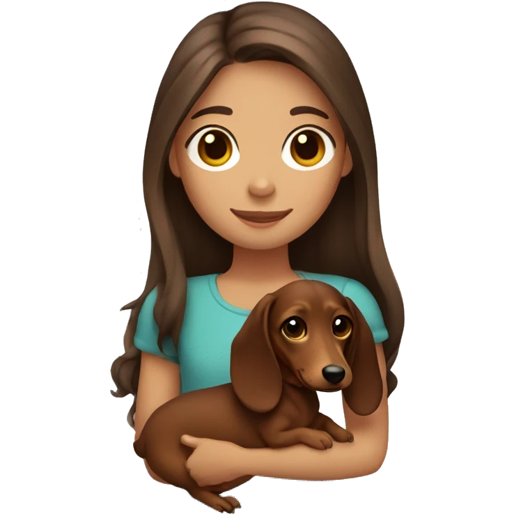 Girl long brown hair smiling and brown eyes with long eyelashes and holding a dachshund  in her arms emoji