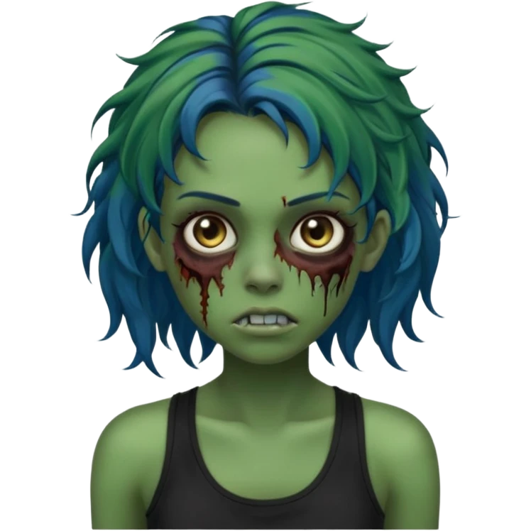 Crie um emoji de uma garota zumbi com a pele verde, como deste emoji "🧟‍♀️". Põem com uma regata de cor preta, os cabelos castanhos na altura do ombro e picotado, liso na raiz e cacheado nas pontas e com mechas azuis emoji