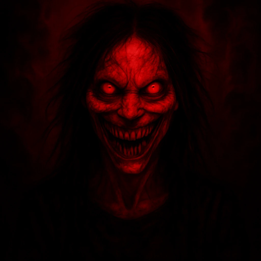 Change the color scheme to red and black with intense red lighting and shadows, using a horror palette. Keep all other details unchanged. emoji