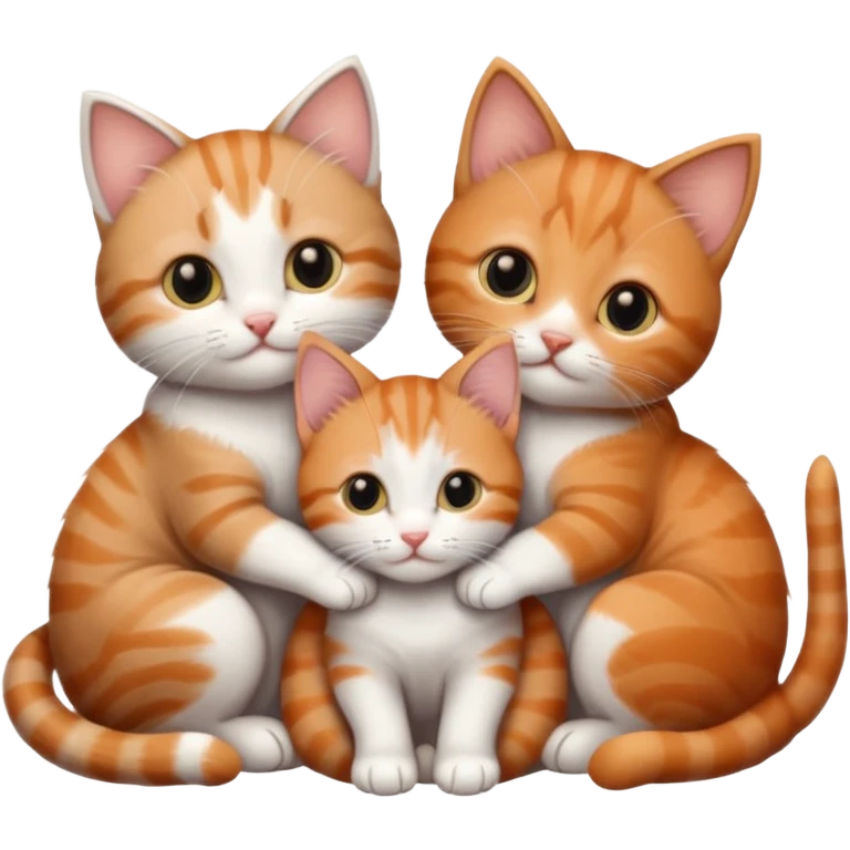 3 very small kittens cuddling together all different colours, the first one is grey and white, the second is ginger and white and the third is brown tabby and white emoji