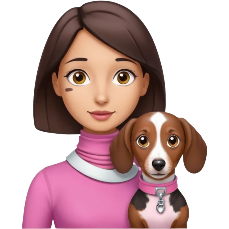 a brunette girl, olive skin, hazel eyes, pink top, neck brace on her neck, piebald dachshund next to her emoji