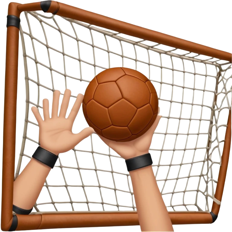 A close-up of a hand gripping a handball, with the goalposts visible in the background. The focus is on the texture of the ball and the strength of the grip, with the goal net slightly blurred to emphasize the anticipation of the throw. emoji