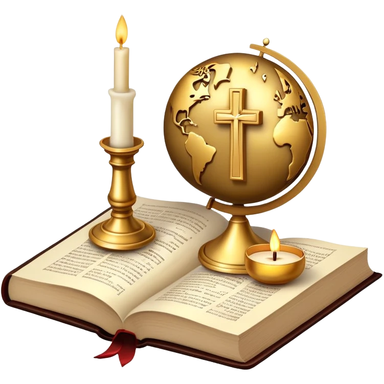 An icon featuring a holy book, a candle, and a cross, symbolizing religious studies. The design includes a globe with various religious symbols: a crescent moon and star (Islam), a lotus flower (Buddhism), representing global belief systems. Transparent background. emoji