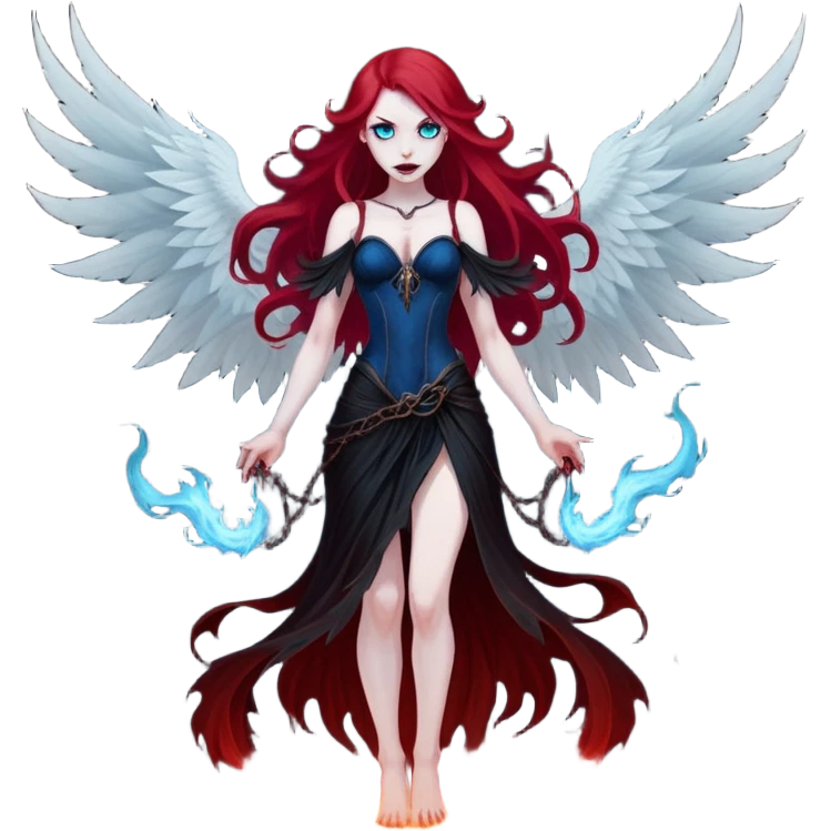 full body portrait of an extremely diabolical girl with pale white skin, massive towering wings, very long flowing blood red hair, glowing blue eyes, evil grin, no accessories, standing in thick swirling dark red and black smoke that rises up from the ground, heavy smoke effect at her feet emoji