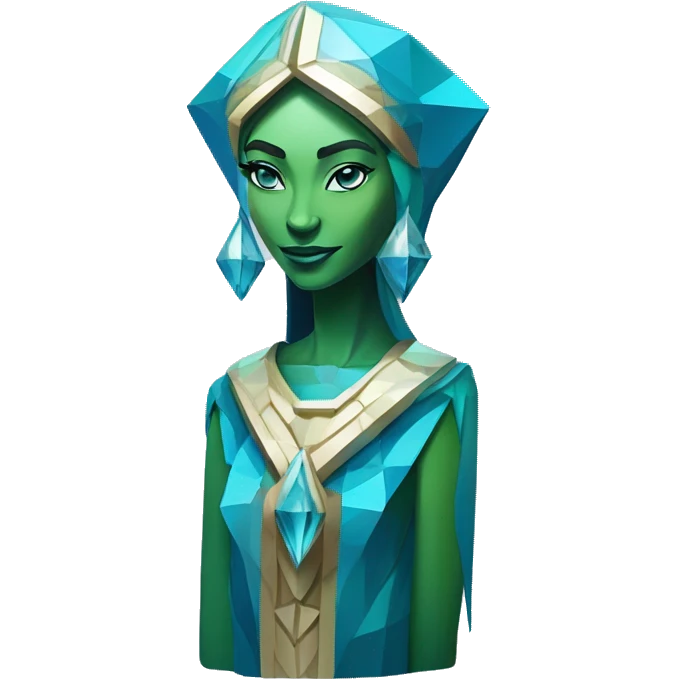 Sculpture oracle priestess with a geometric faceted design with disney features. Oracle of delphi is sparkling and standing upright on a base with angular and flower features. The vibrant blues neutrals and greens highlights the sharp edges and planes.  emoji