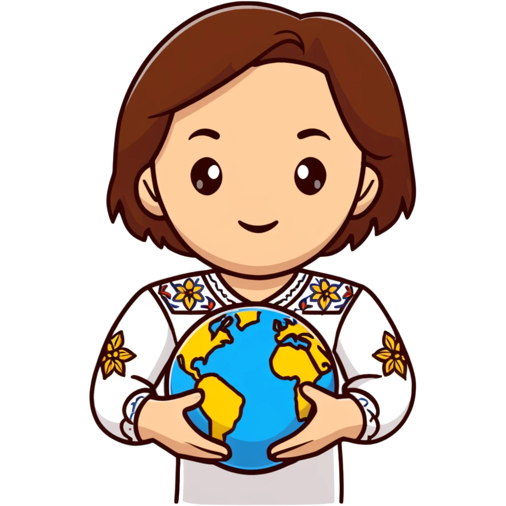 Beautiful young girl with brown hair wearing a white Ukrainian embroidered shirt holding a globe in her hand emoji