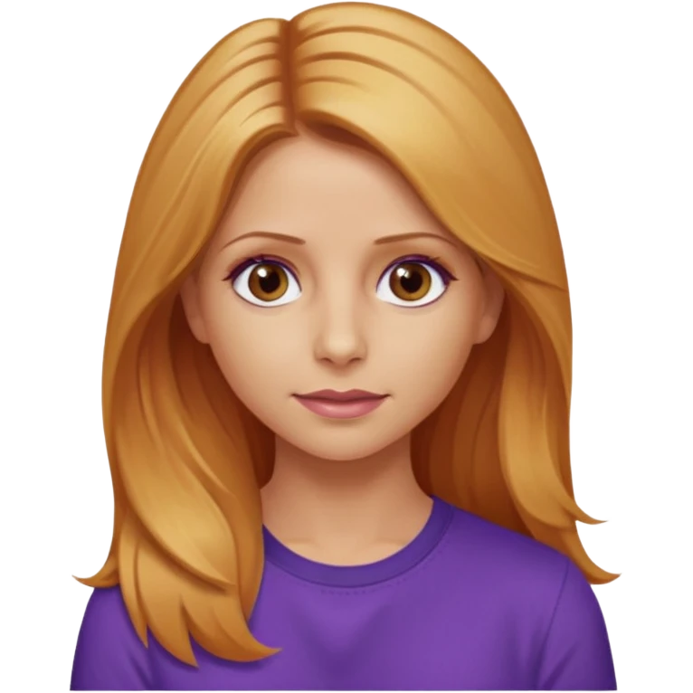 Sarah Michelle Gellar with hazel eyes, strawberry blonde long hair, purple shirt emoji