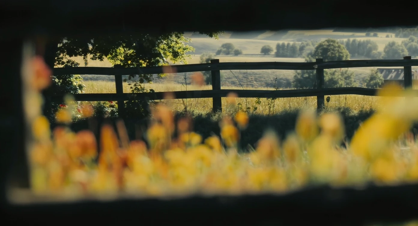 "Two shot" in the foreground, blurred plants in the foreground (frame within a frame), a wooden fence and colorfull flowers in the midground, Poland, rolling hills in the background, cinematic depth of field, layered composition, natural lighting emoji