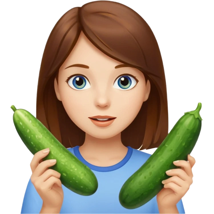 I want a brown hair blue eyes girl emoji, sucking a cucumber and holding two more in her hands emoji