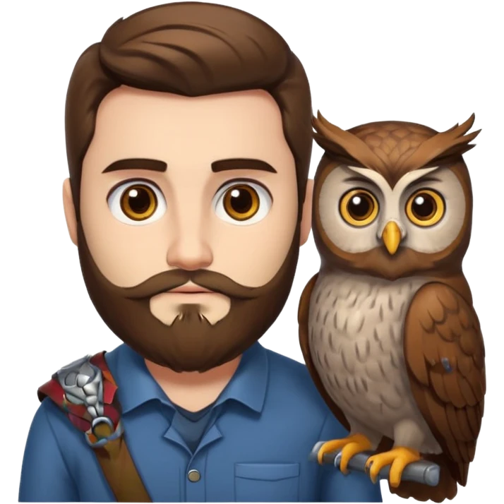 portrait man long brown hair brown eyes medium beard white skin with owl perched on shoulder emoji