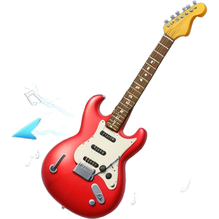 A 3D Apple-style emoji of a bold “ROCK” text written in shiny metallic letters, with an electric guitar leaning on the text, surrounded by small music notes and lightning bolts, energetic and powerful rock music vibe emoji