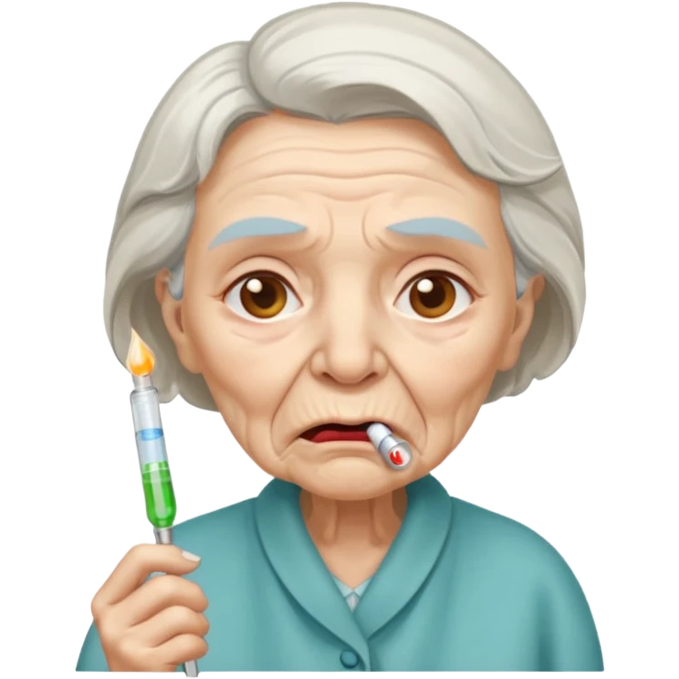 sick old woman with thermometer on her mouth emoji