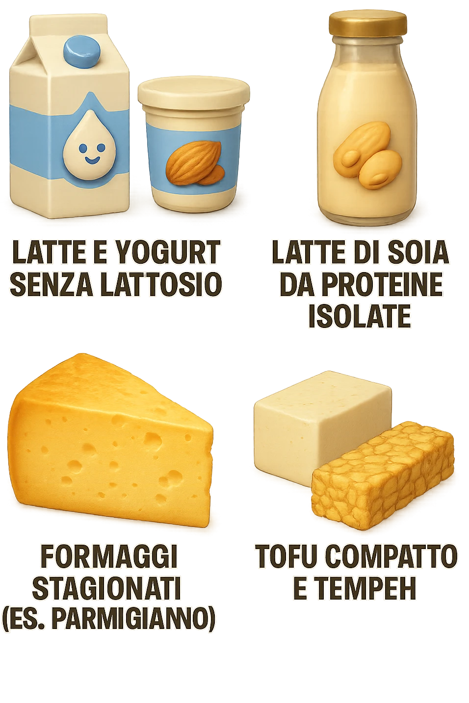 emoji stile iphone 3d di questi elementi che fluttuano in aria:

Latte e yogurt delattosati
Latte di mandorla (non zuccherato)
Latte di soia da proteine isolate
Formaggi stagionati (es. parmigiano)
Tofu compatto e tempeh
 che fluttuano in aria,  le etichette scrivile in italiano, iperealistico 4k emoji
