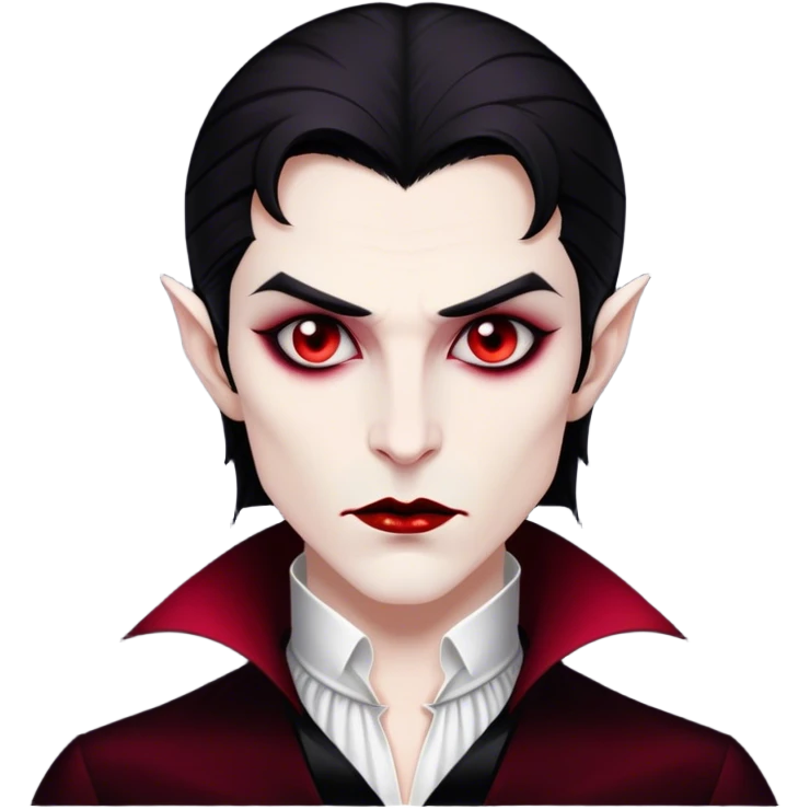 Cinematic Noble Vampire Portrait Emoji, Elegant and commanding, with a refined, pale visage framed by dark, velvet accents and a hint of crimson, exuding timeless seduction and dangerous allure, simplified yet exquisitely detailed, glowing with a soft nocturnal radiance and a subtle, mysterious outline that captures the regal spirit of an immortal lord of the night! emoji