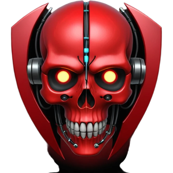 Cyberpunk shield, skull with cybernetic implants, glowing wires, dark electric red and black tones, no background emoji