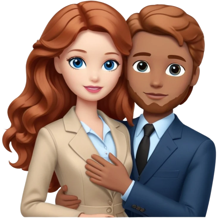 Barbie girl  , eyes blue , Chestnut red long wavy hair In pale beige clothes, Hugs a man with light brown hair Short hair , brown eyes , and a black suit emoji