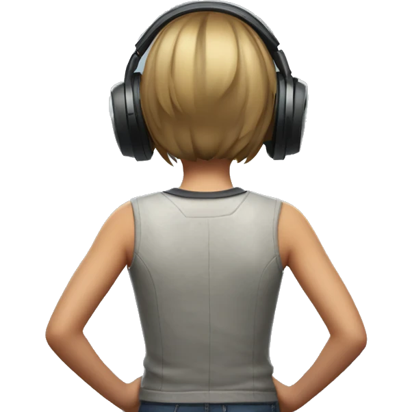 a girl with short hair winning a VR game facing the wall and showing her back emoji