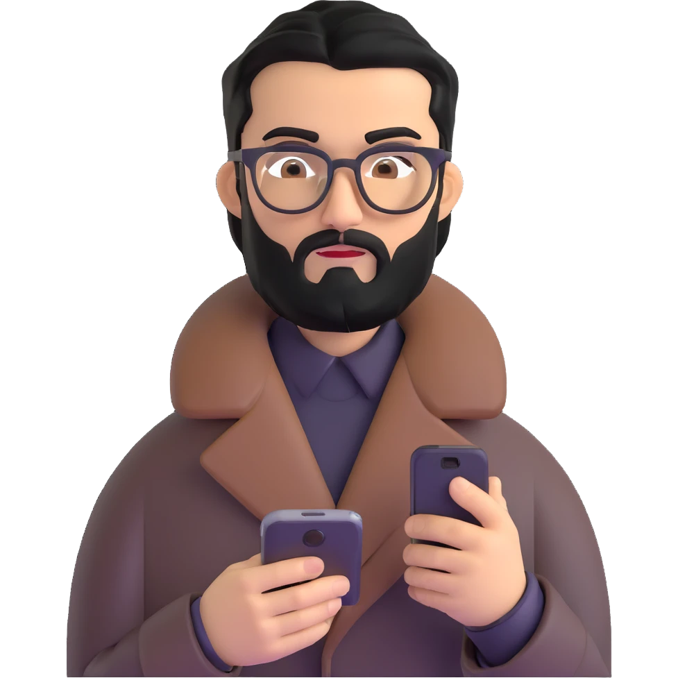 professional man with medium black beard, black hair combed to one side, connected unibrow, olive tan skin, brown eyes, glasses, prominent nose, wearing black coat, intently looking at and interacting with smartphone screen, with subtle office background emoji