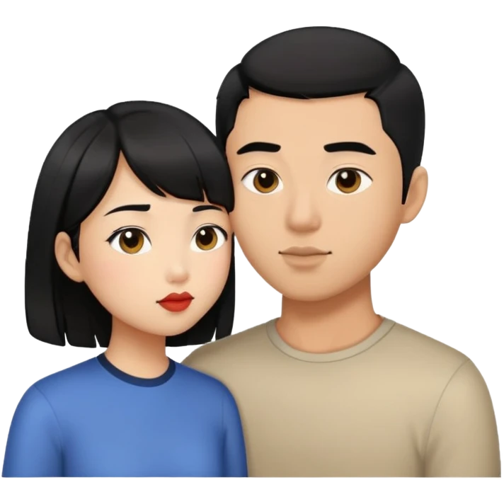 black hair asian girl kissing black hair mixed race man with a clean hair cut emoji