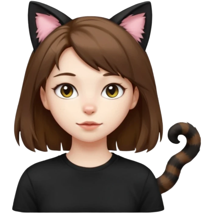 a girl with pale skin, shoulder lengh brown hair with lots of dandruff , cat ears and a tail, with a black t-shirt on emoji