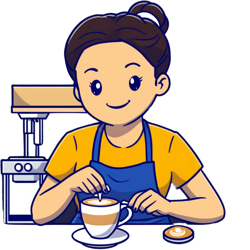 Cute brunette barista girl with hair in a bun wearing yellow shirt and dark blue apron, she's relaxed and making latte art, smiling at the coffee cup emoji