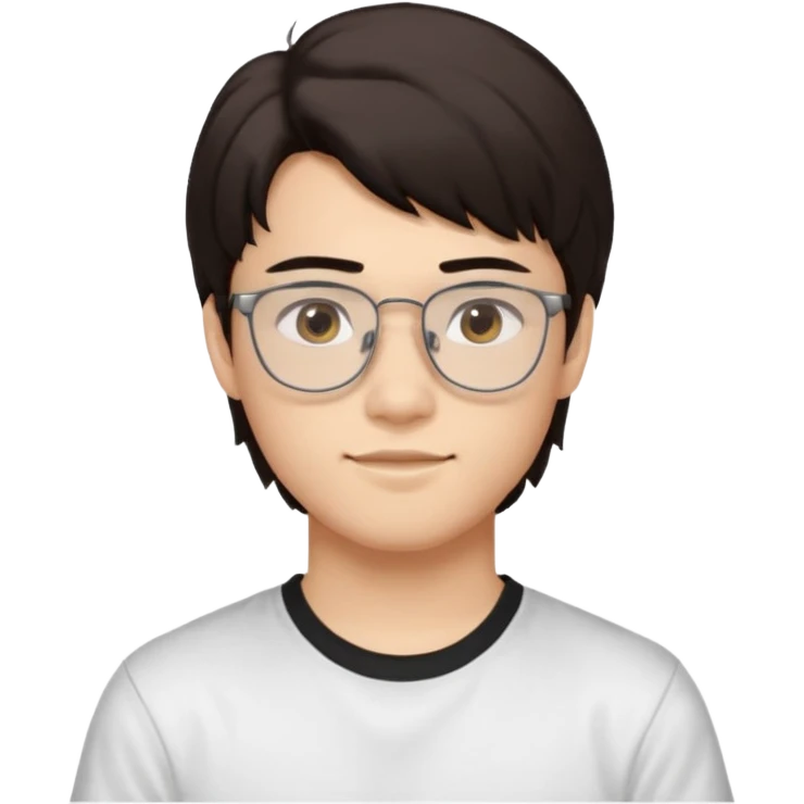 iOS-style emoji
Young man, about 18 years old, with slightly masculine features.
 Slightly Asian eyes, light skin tone, friendly and expressive face.
Accessories and details: Glasses, very dark brown hair, mullet style (short, structured).
Background and clothes: White background and white t-shirt. emoji
