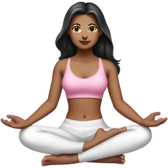 A white girl with brown eyes and black long hair,  is sitting in a lotus position in a pink bra top and short white skirts emoji