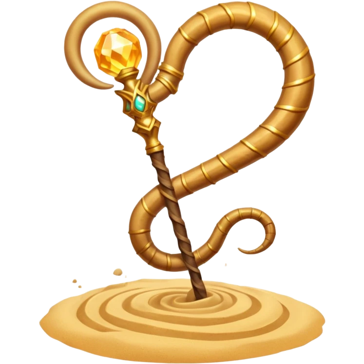 desert sand mage staff object icon, ancient staff with serpent coils around it, glowing golden sand gem on top, swirling sand aura, fantasy desert weapon, 3D cartoon, mobile game icon style, centered, clean background, no text, no watermark
 emoji
