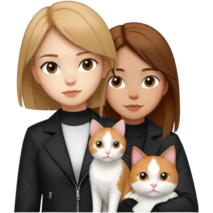 Light-skinned girl with brown straight hair wearing a black jacket, along with one pure white cat and one calico cat emoji